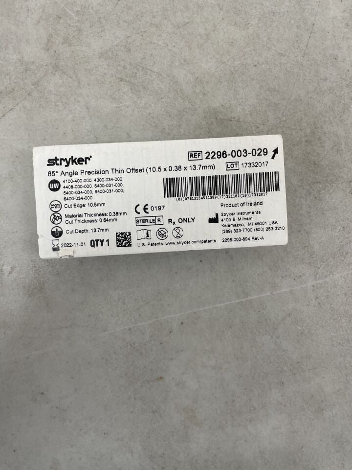 2296-003-029 - STRYKER - Micro Sagittal Saw Blade, 0.38 mm Thickness, 10.5 mm Cut Edge, Sterile, (EA) - ( Expiry Date: 2022-11-01 )