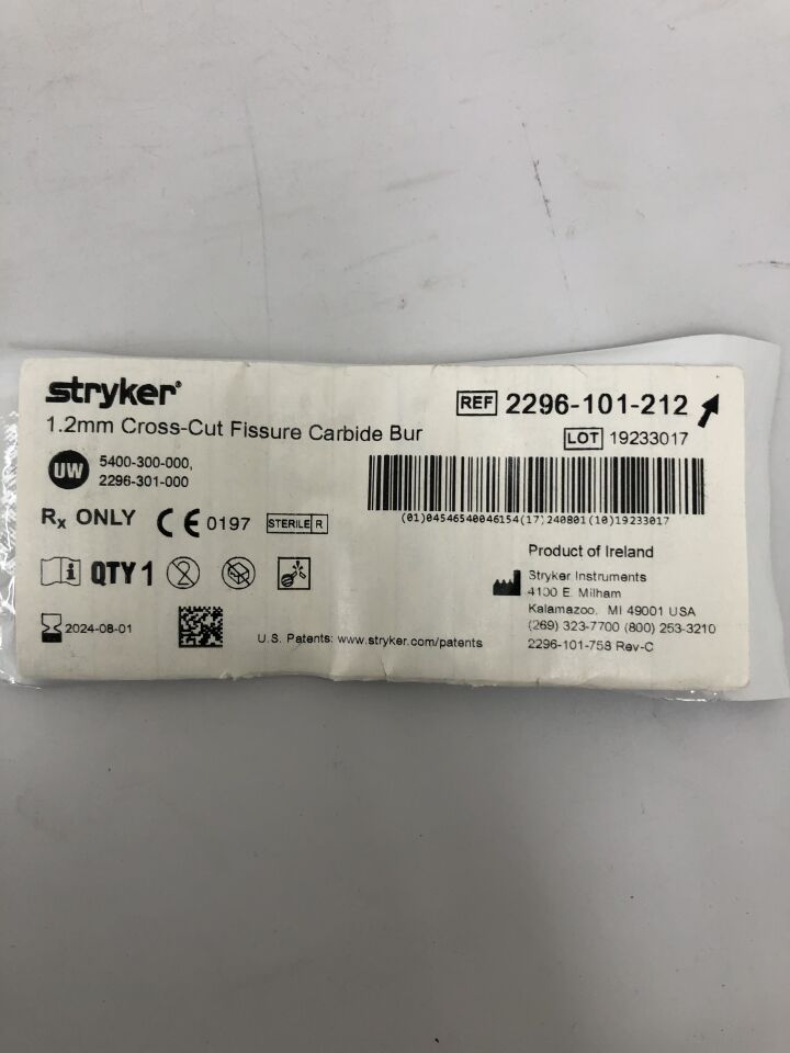 2296-101-212 - STRYKER - Cross-Cut Fissure Carbide Bur, 1.2mm diamete, (EA) - ( Expiry Date: 2022-06-01 )