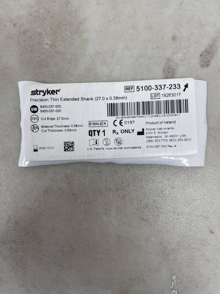 5100-337-233 - STRYKER - Precision Thin Extended Reciprocating Saw Blade, 27 mm Wid, (EA) - ( Expiry Date: 2024-10-01 )