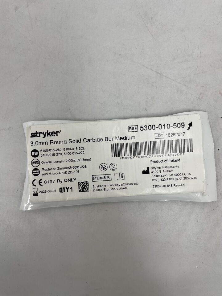 5300-010-509 - STRYKER - 3.0mm Round Solid Carbide Bur, Medium, (EA) - ( Expiry Date: 2026-03-01 )