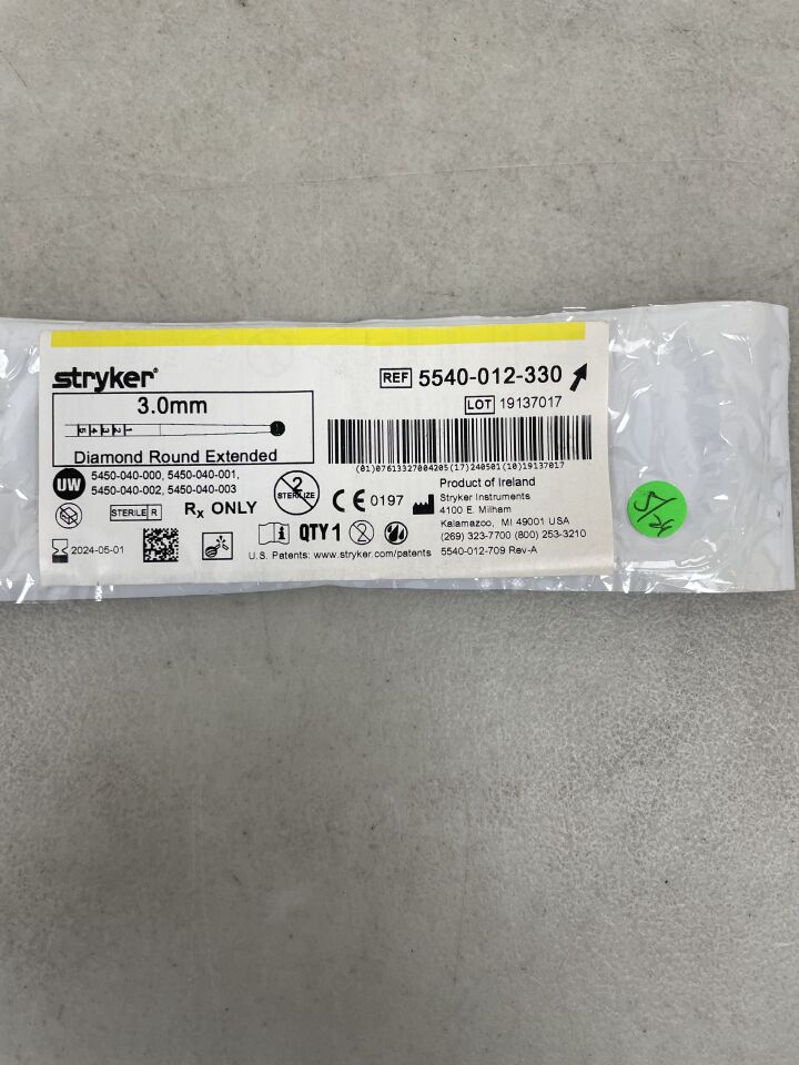 5540-012-330 - STRYKER - Extended Round Diamond Burr, 3 mm Head dia., (EA) - ( Expiry Date: 2024-05-01 )