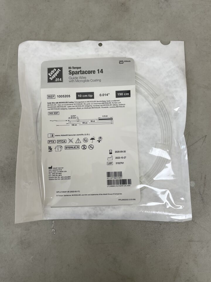 1005205 - ABBOTT - Hi-Torque Spartacore 14 Extra Support Guide Wire - 10cm Tip - .014" x 190cm, (EA) - ( Expiry Date: 2025-09-30 )