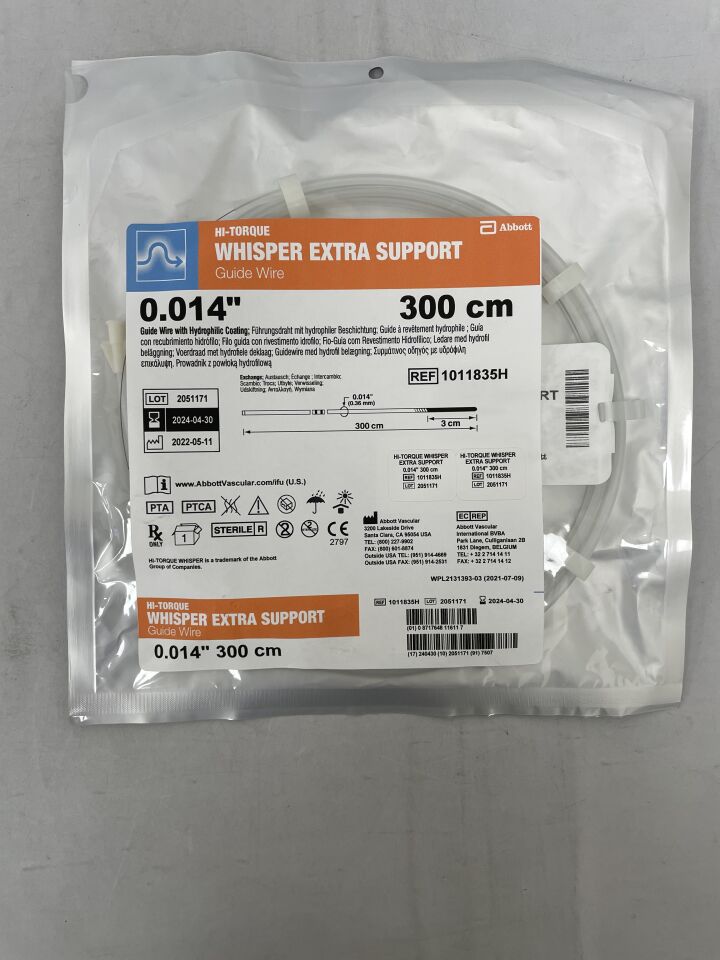 1011835H - ABBOTT - Hi-Torque Whisper ES Guide Wire 0.014" x 300cm, Straight, (EA) - ( Expiry Date: 2025-12-31 )