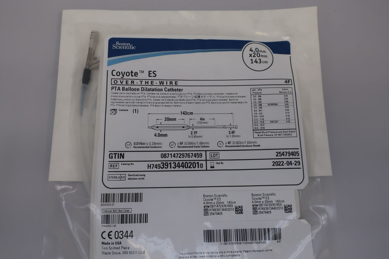 3913440201 - BOSTON SCIENTIFIC - Coyote ES OTW PTA Balloon Dilatation Catheter - 4.0mm x 20mm x 143cm, (EA) - ( Expiry Date: 2022-04-29 )