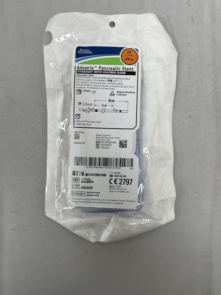 3654 - BOSTON SCIENTIFIC - Advanix Pancreatic Stent - Straight with Leading Barb - 7Fr x 9cm, (EA) - ( Expiry Date: 2023-02-06 )