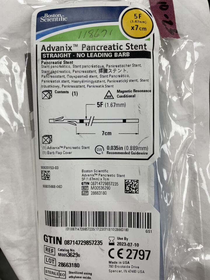3629 - BOSTON SCIENTIFIC - Advanix Pancreatic Stent - Straight/No Leading Barb - 5Fr x 7cm, (EA) - ( Expiry Date: 2023-07-10 )