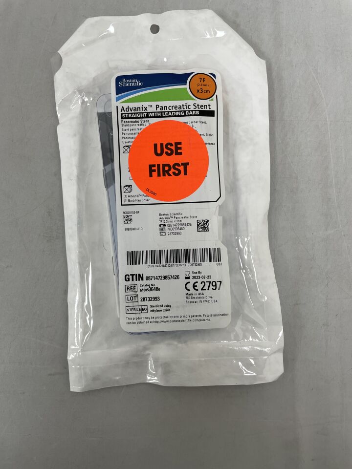 3648 - BOSTON SCIENTIFIC - Advanix Pancreatic Stent - Straight with Leading Barb - 7Fr x 3cm, (EA) - ( Expiry Date: 2023-07-23 )