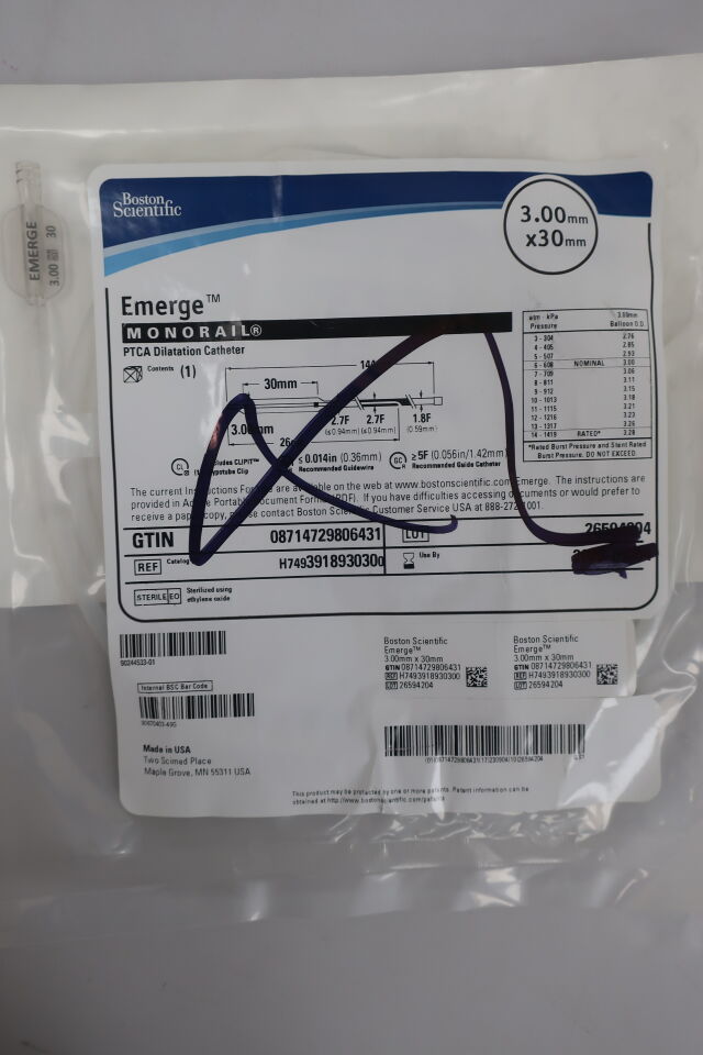 391893030 - BOSTON SCIENTIFIC - Emerge Monorail PTCA Dilatation Catheter - 3.00mm x 30mm, (EA) - ( Expiry Date: 2023-09-04 )