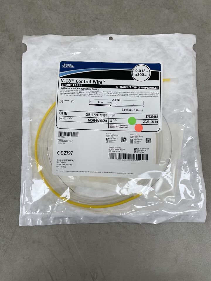 46852 - BOSTON SCIENTIFIC - V-18 Control Wire with ICE Hydrophilic Coating - Short Taper, Straight Tip (Shapeable) Guidewire - .018" x 200cm, (EA) - ( Expiry Date: 2023-09-09 )