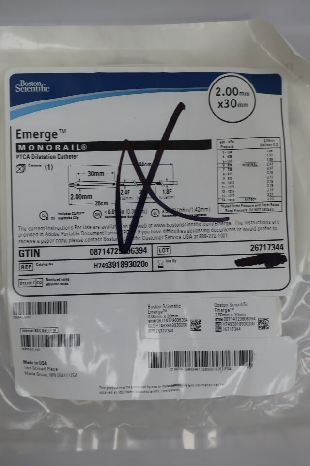 391893020 - BOSTON SCIENTIFIC - NC Emerge Monorail PTCA Dilatation Catheter 4.0mm x 30mm, (EA) - ( Expiry Date: 2023-09-26 )