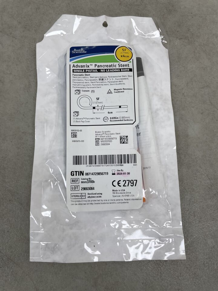 3700 - BOSTON SCIENTIFIC - Advanix Pancreatic Stent, Single Pigail - No Leading Bard, 5F x 4cm, (EA) - ( Expiry Date: 2024-01-30 )