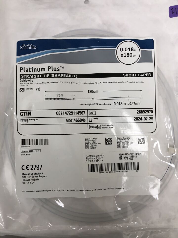 46604 - BOSTON SCIENTIFIC - Platinum Plus Guidewire, Straight Tip (Shapeable), Short Taper, 0.018" x 180cm, (EA) - ( Expiry Date: 2024-02-29 )