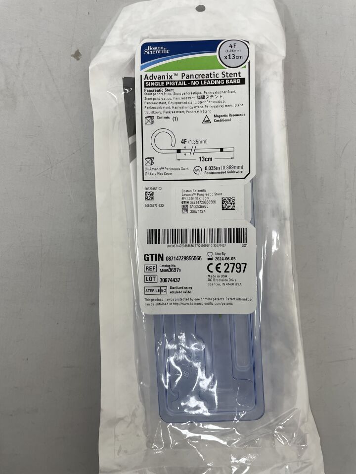 3697 - BOSTON SCIENTIFIC - Advanix Pancreatic Stent - Single Pigtail no Leading Barb - 4Fr x 13cm, (EA) - ( Expiry Date: 2024-06-05 )