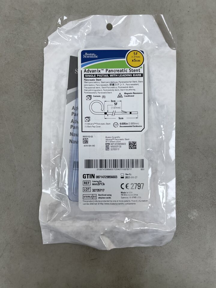 3713 - BOSTON SCIENTIFIC - Advanix Pancreatic Stent - Single Pigtail with Leading Barb - 5Fr x 5cm, (EA) - ( Expiry Date: 2024-09-29 )