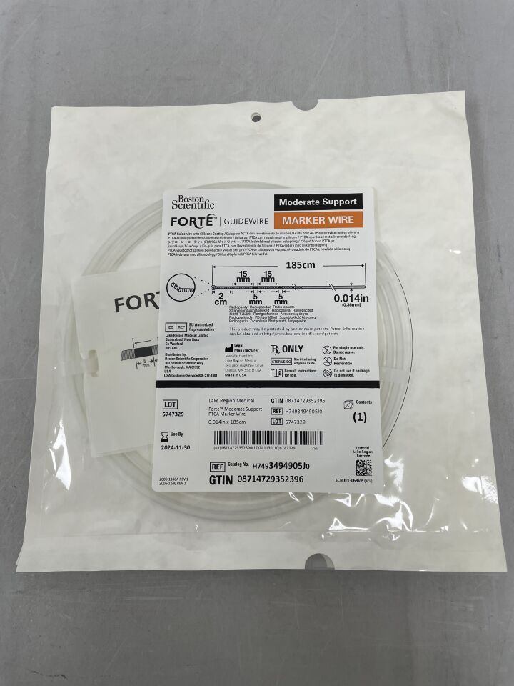 3494905J - BOSTON SCIENTIFIC - Forte PTCA Guidewire - Moderate Support, J-Tip - Marker Wire - .014" x 185cm, (EA) - ( Expiry Date: 2024-11-30 )
