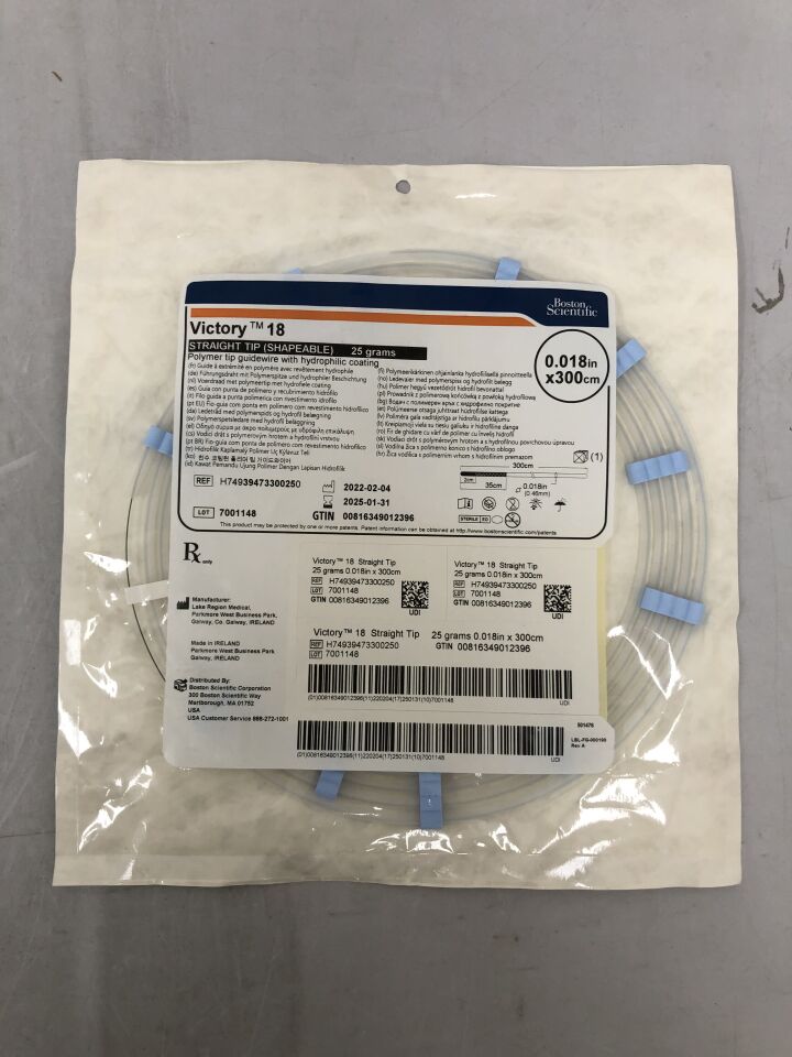 3947330025 - BOSTON SCIENTIFIC - Victory 18 Polymer Tip Guidewire - Straight Tip (Shapeable), 25 grams - .018" x 300cm, (EA) - ( Expiry Date: 2025-01-31 )