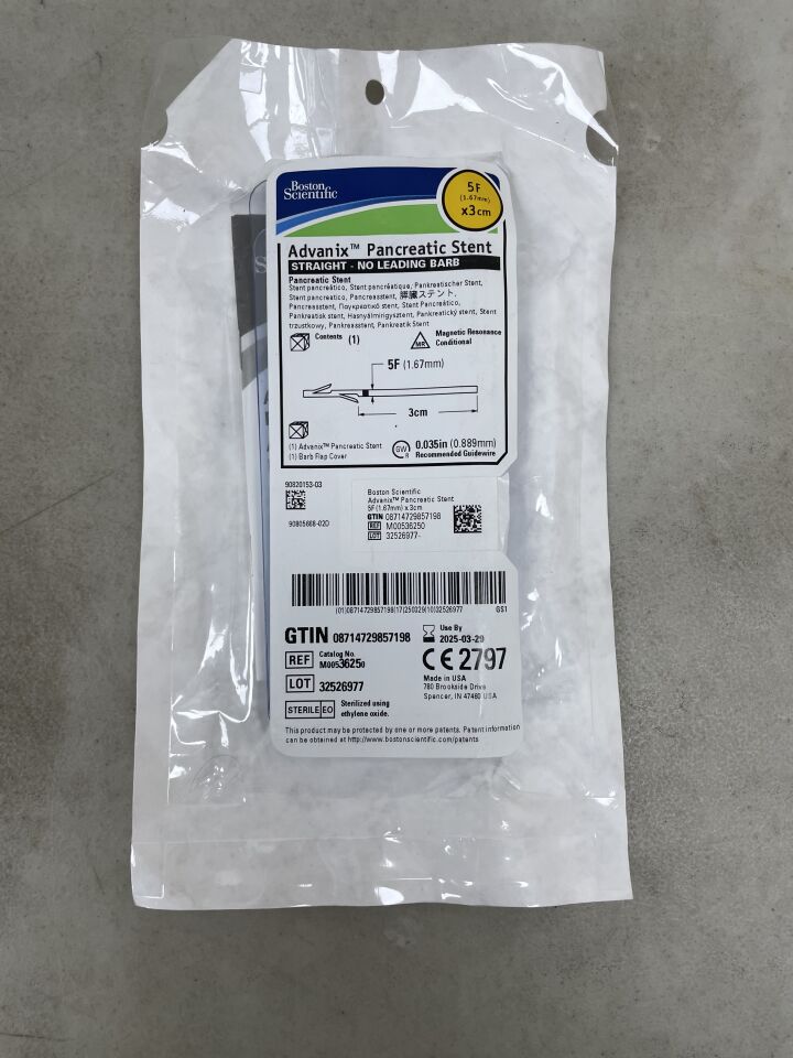 3625 - BOSTON SCIENTIFIC - Advanix Pancreatic Stent - Straight/No Leading Barb - 5Fr x 3cm, (EA) - ( Expiry Date: 2025-03-29 )