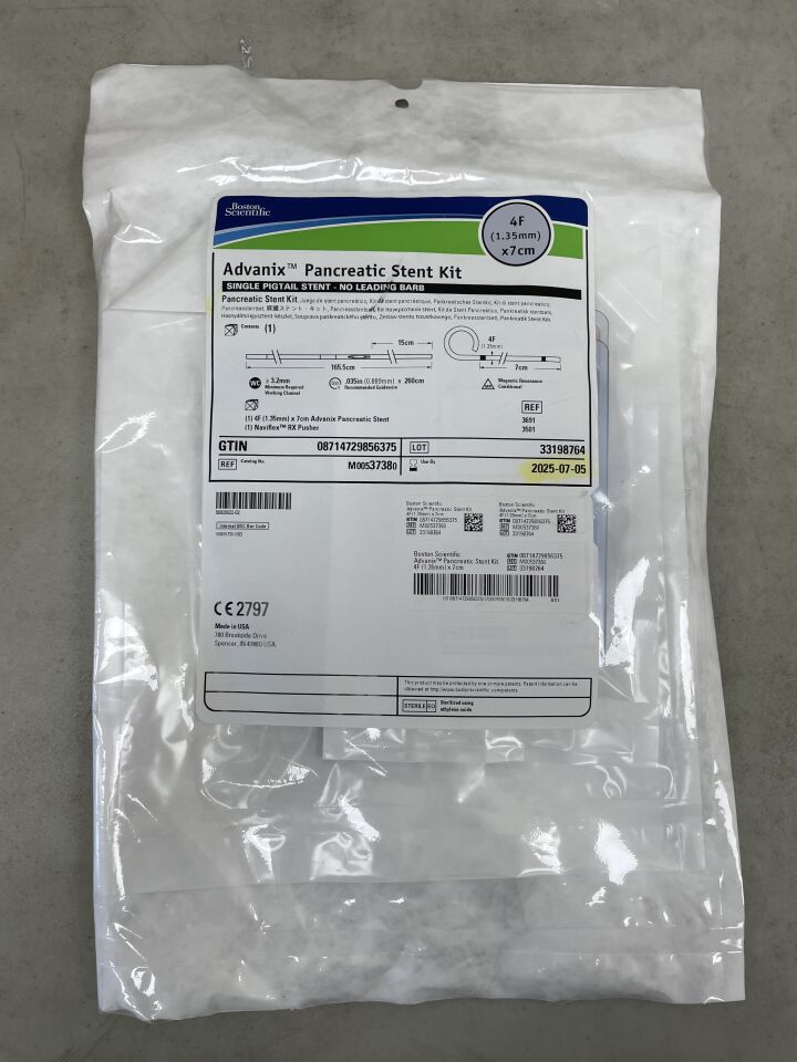 3738 - BOSTON SCIENTIFIC - Advanix Pancreatic Stent Kit - Single Pigtail/No Leading Barb - 4Fr x 7cm, (EA) - ( Expiry Date: 2025-07-05 )
