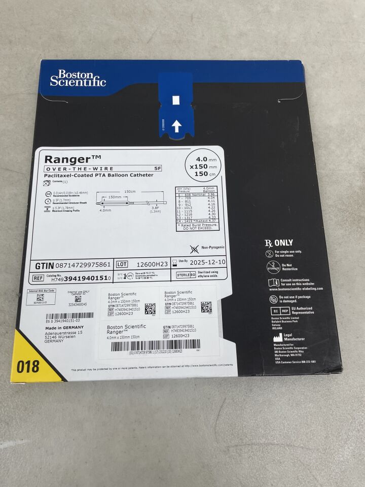 3941940151 - BOSTON SCIENTIFIC - Ranger Paclitaxel-Coated PTA Balloon Catheter - OTW - 4.0mm x 150mm x 150cm, (BX/1) - ( Expiry Date: 2025-12-10 )