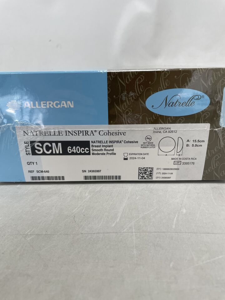 SCM-640 - ALLERGAN - NATRELLE Inspira Cohesive Breast Implant, Smooth Round, Moderate Profile, 640cc, (BX/1) - ( Expiry Date: 2026-02-02 )