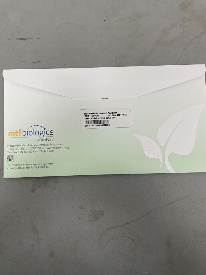 WC0202 - MTF BIOLOGICS - AlloPatch Pliable, Thin: 2.0cm (W) x 2.0cm (L) x 0.4-1.0mm thickness, (BX/1) - ( Expiry Date: 2024-11-02 )