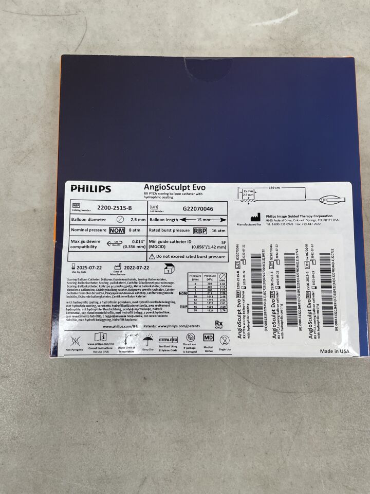 2200-2515-B - PHILIPS - AngioSculpt Evo RX PTCA Scoring Balloon Catheter with Hydrophilic Coating - 2.5mm x 15mm x 139cm, (BX/1) - ( Expiry Date: 2025-11-21 )
