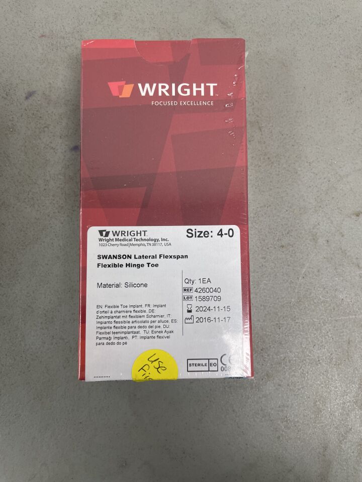 4260040 - WRIGHT MEDICAL - Flexible Hinge Toe Implant, Lateral: Size 4, (BX/1) - ( Expiry Date: 2024-11-15 )