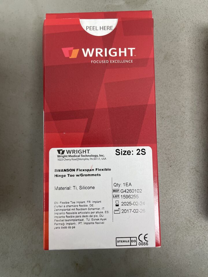 G4260102 - WRIGHT MEDICAL - flexible hinge toe implant with grommets: size 2s, (BX/1) - ( Expiry Date: 2025-02-24 )