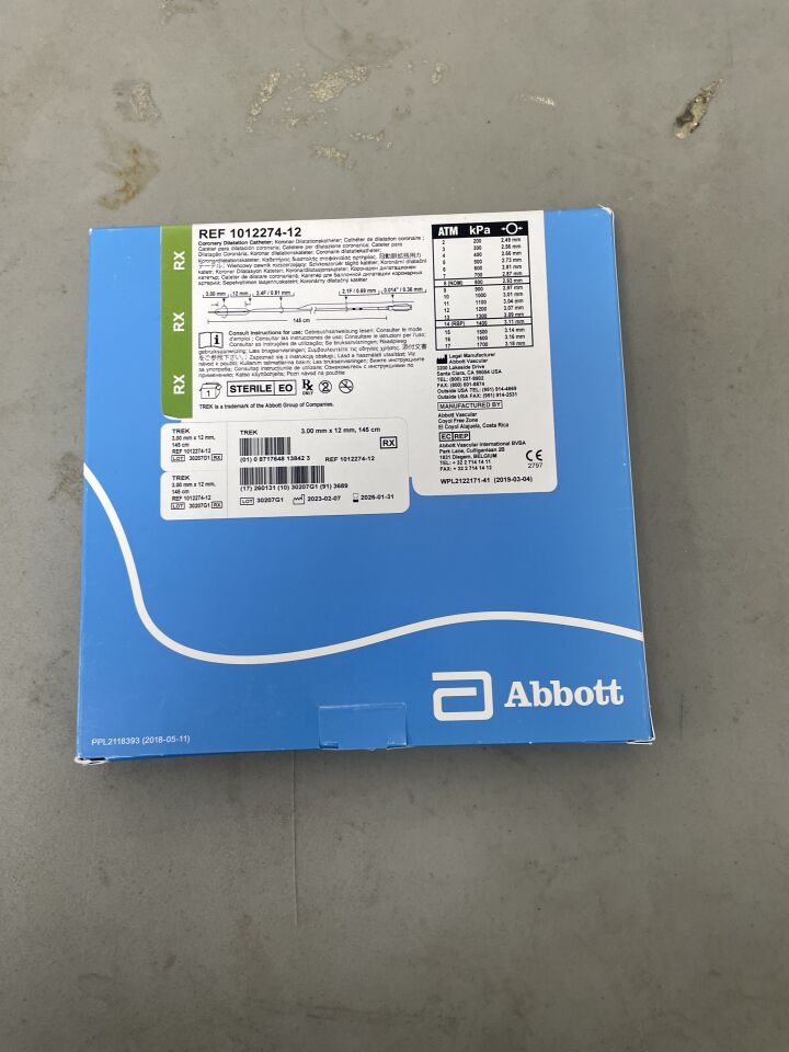 1012274-12 - ABBOTT - TREK Coronary Dilatation Catheter - RX - 3.00mm x 12mm, (EA) - ( Expiry Date: 2026-01-31 )