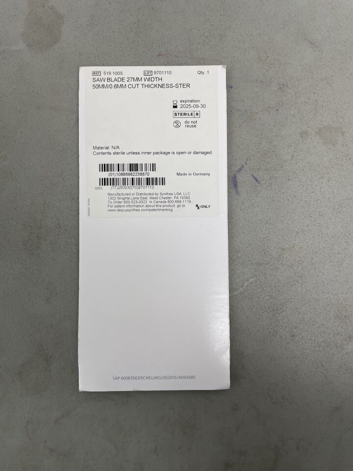 519.100S - SYNTHES - Standard Saw Blade, 50 mm Usable Length, 0.6 mm Cut Thickness, 27 mm, (EA) - ( Expiry Date: 2025-09-30 )