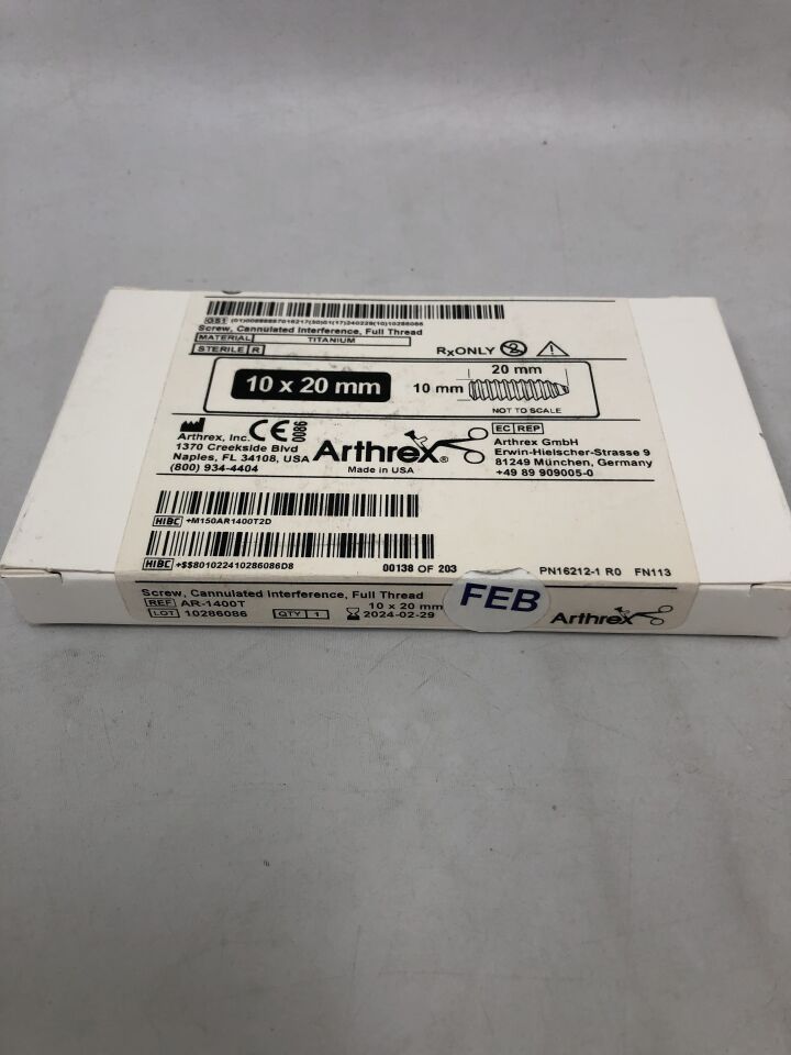 AR-1400T - ARTHREX - Full Thread Cannulated Interference Screw, 10mm X 20mm, (BX/1) - ( Expiry Date: 2026-02-28 )