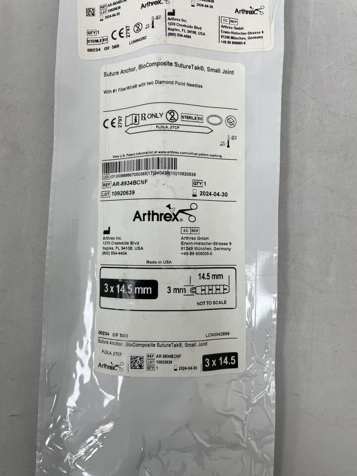 AR-8934BCNF - ARTHREX - BioComposite SutureTak Anchor w/FiberWire & Needles, 3.0mm, (EA) - ( Expiry Date: 2026-01-31 )