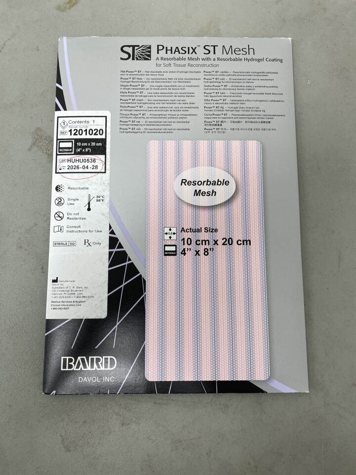 1201020 - BARD - Phasix ST Monofilament Resorbable Mesh w/Hydrogel Barrier 10cm x 20cm (4" x 8") Rectangle, (BX/1) - ( Expiry Date: 2026-04-28 )