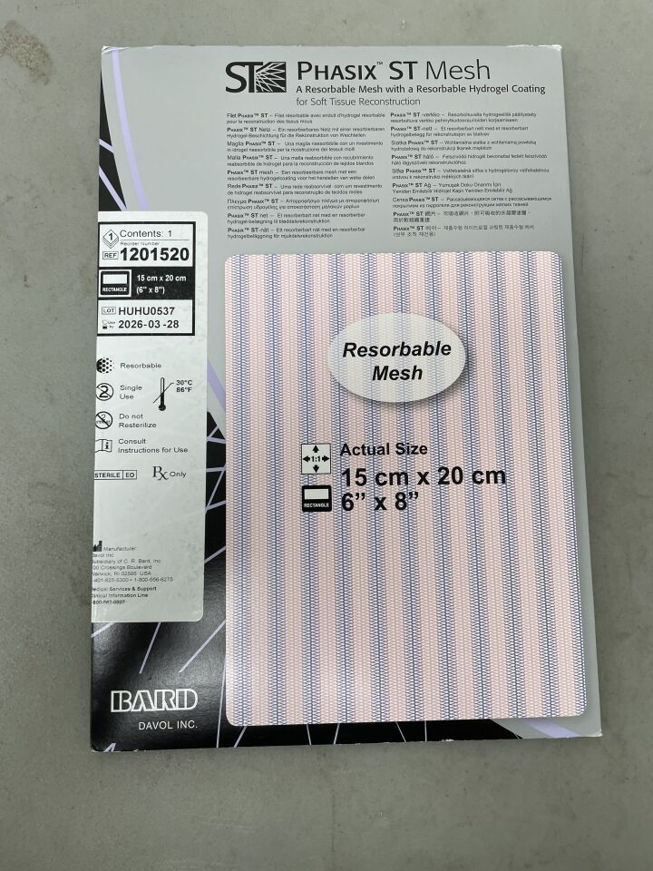 1201520 - BARD - Phasix ST Monofilament Resorbable Mesh w/Hydrogel Barrier 15cm x 20cm (6" x 8") Rectangle, (BX/1) - ( Expiry Date: 2026-03-28 )