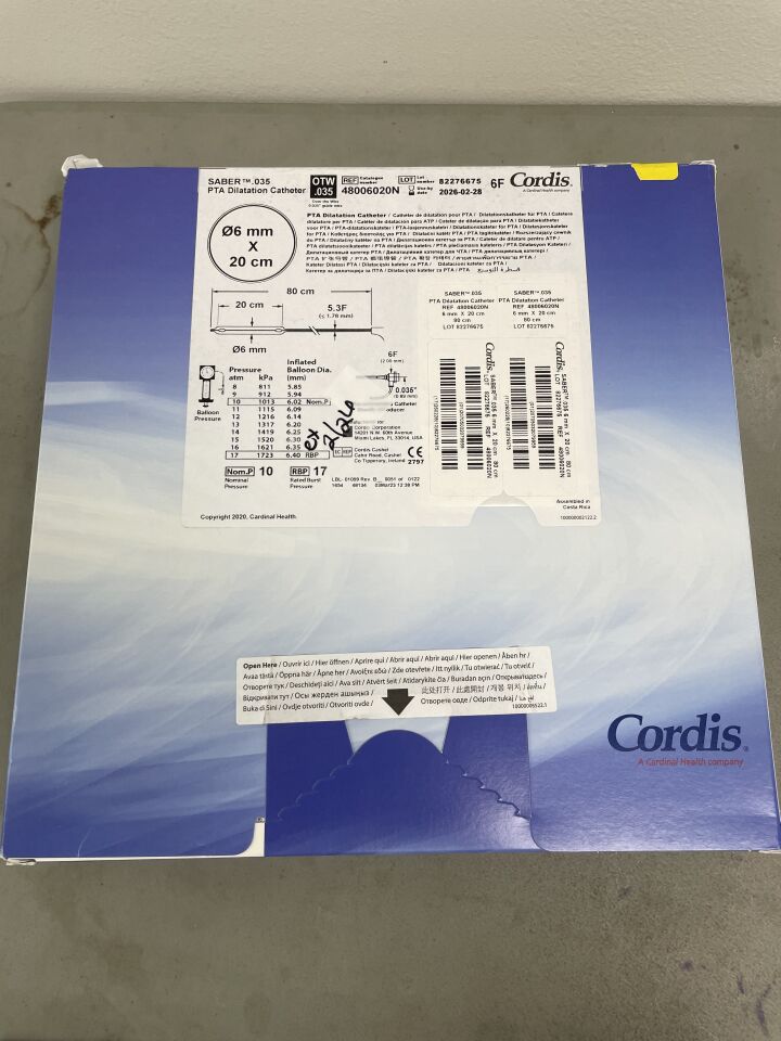 48006020N - CORDIS - SABER .035" OTW PTA Dilatation Catheter - 6mm x 20cm x 80cm, (BX/1) - ( Expiry Date: 2026-02-28 )