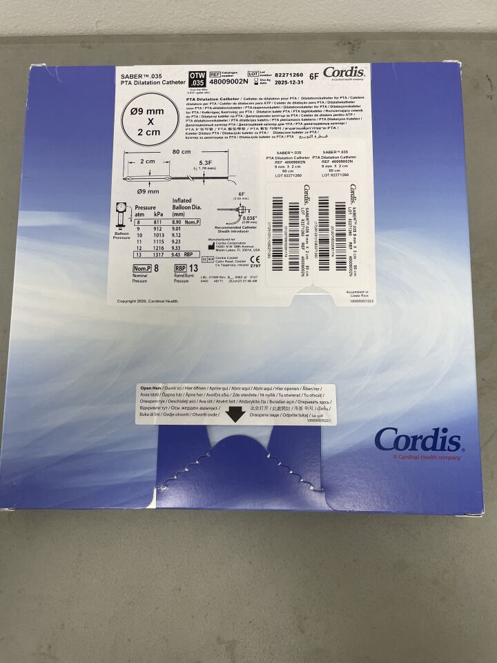 48009002N - CORDIS - SABER .035" OTW PTA Dilatation Catheter - 9mm x 2cm x 80cm, (BX/1) - ( Expiry Date: 2025-12-31 )