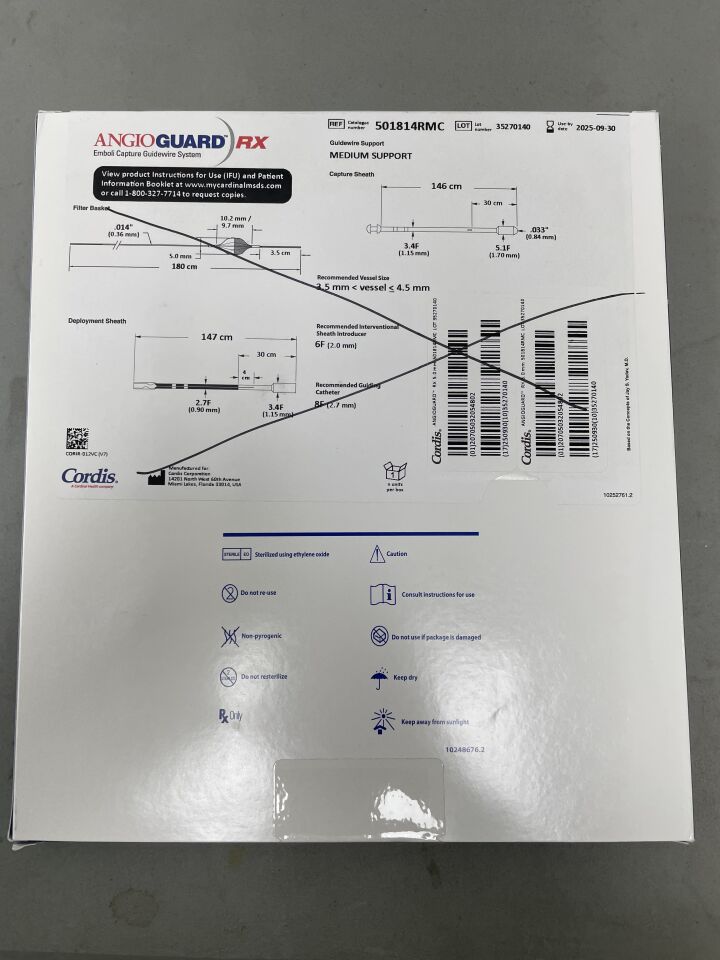 501814RMC - CORDIS - Angioguard Rx Emboli Capture Guidewire System, Medium Support, 0.014 in. dia. x 180 cm Length, (BX/1) - ( Expiry Date: 2025-09-30 )