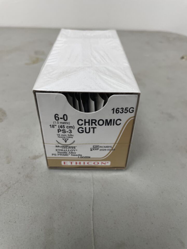 1635G - ETHICON - Gut Chromic Absorbable Monofilament Suture, Size 6-0, 18 in. Length, PS-3 Needle, (BX/12) - ( Expiry Date: 2026-02-28 )