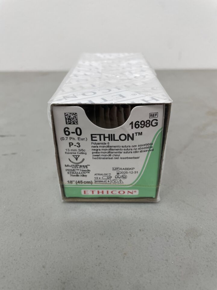1698G - ETHICON - Ethilon Non-Absorbable Monofilament Nylon Suture, Size 6-0, 18 in. Length, P-3 Needle, (BX/12) - ( Expiry Date: 2025-12-31 )