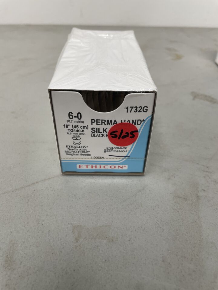 1732G - ETHICON - PERMA-HAND Silk Suture, Non-Absorbable, MICROPOINT - Spatula, Black Braided, 18" ˜ 45cm, Size: 6-0, (BX/12) - ( Expiry Date: 2025-05-31 )