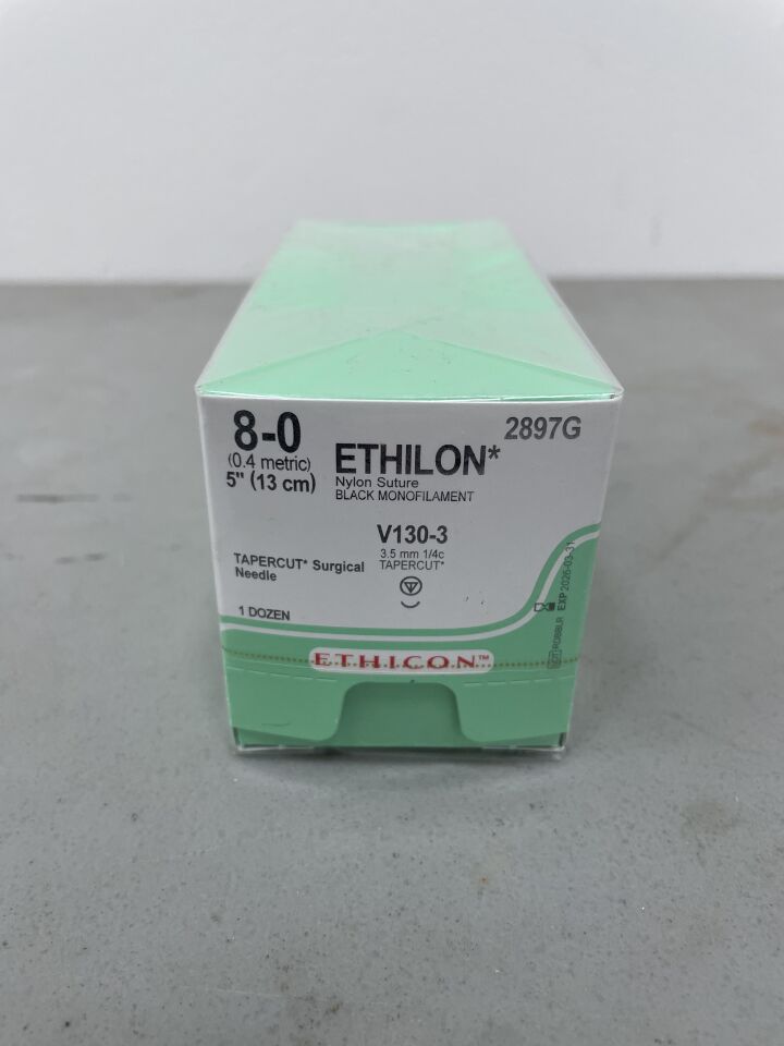 2897G - ETHICON - Ethilon Non-Absorbable Monofilament Nylon Suture, Size 8-0, 5 in. Length, V130-3 Needle, (BX/12) - ( Expiry Date: 2026-03-31 )