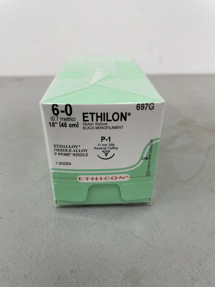 697G - ETHICON - Ethilon Non-Absorbable Monofilament Nylon Suture, Size 6-0, 18 in. Length, P-1 Needle, (BX/12) - ( Expiry Date: 2026-02-28 )