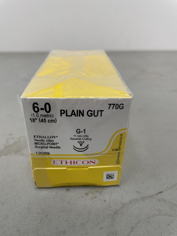 770G - ETHICON - Gut Plain Absorbable Monofilament Suture, Size 6-0, 18 in. Length, G-1 Needle, (BX/12) - ( Expiry Date: 2026-02-28 )