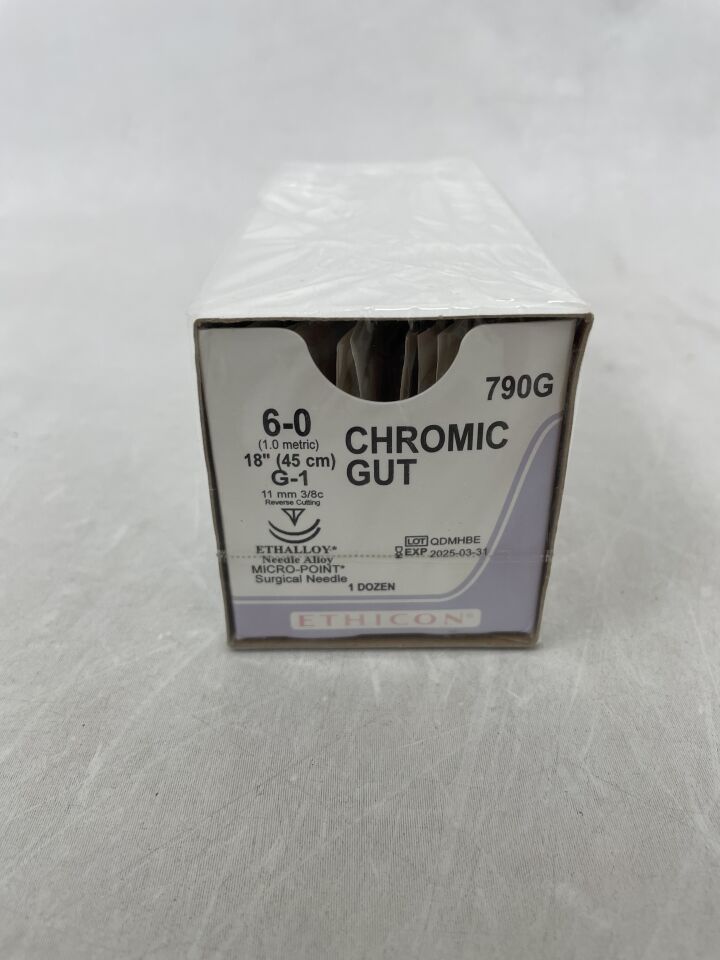 790G - ETHICON - Surgical Gut Suture - Chromic, Absorbable, MICROPOINT-Reverse Cutting, G-1 11mm G-1 3/8 Circle, Chromic Monofilament, 18" ˜ 45cm, Size: 6-0, (BX/12) - ( Expiry Date: 2026-01-31 )
