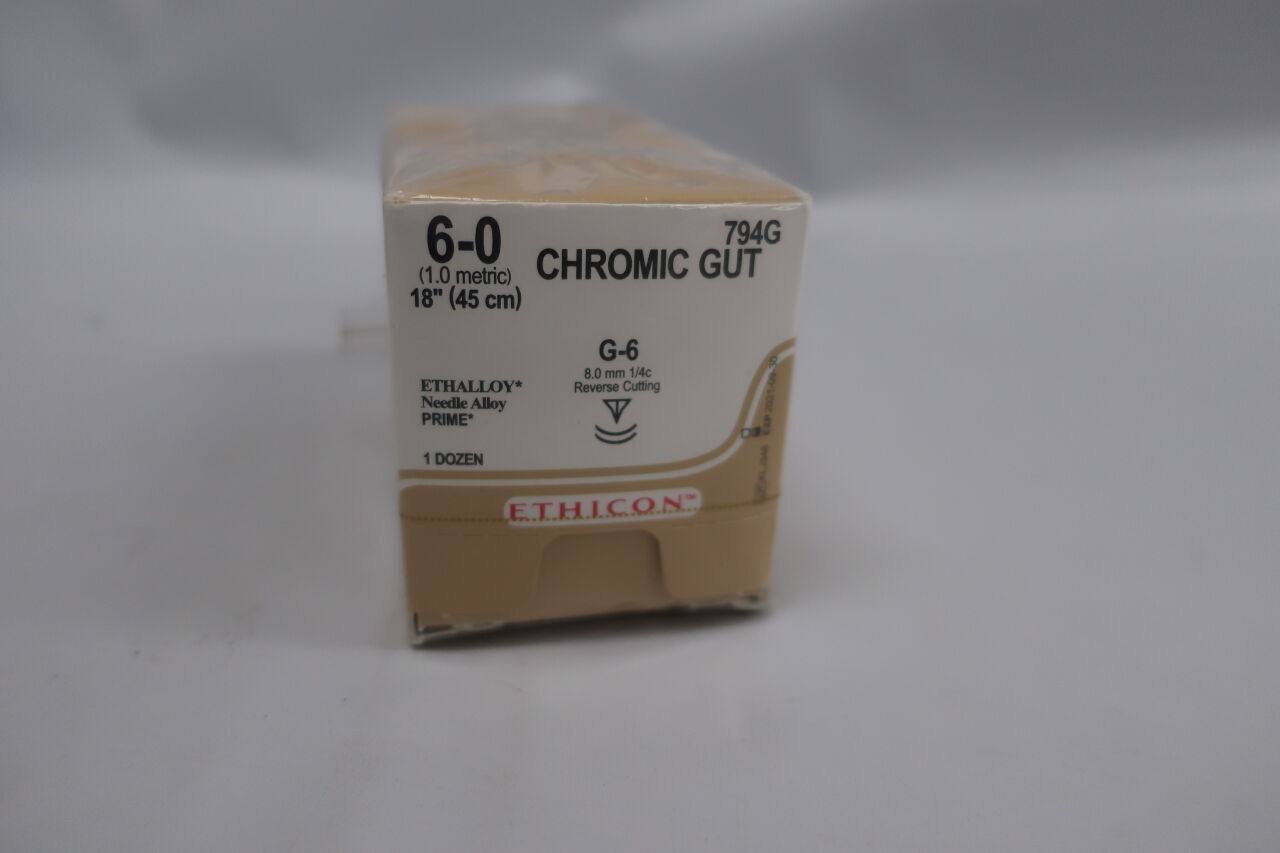 794G - ETHICON - Gut Chromic Absorbable Monofilament Suture, Size 6-0, 18 in. Length, G-6 Needle, (BX/12) - ( Expiry Date: 2025-08-31 )