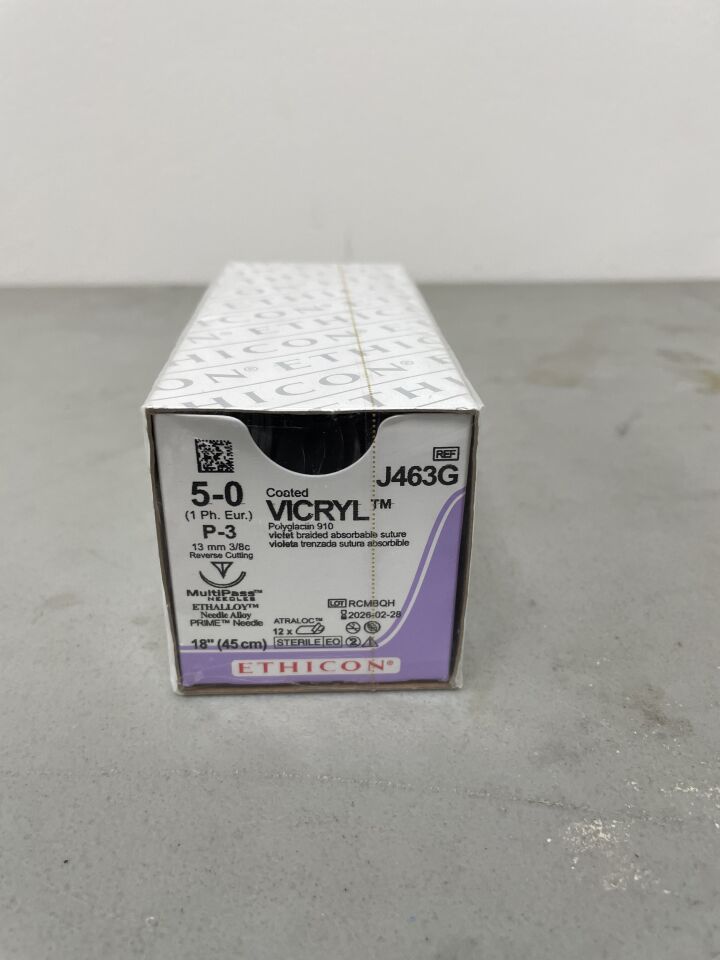 J463G - ETHICON - Coated Vicryl Absorbable Braided Polyglactin 910 Suture, Size 5-0, 18 in. Length, P-3 Needle, (BX/12) - ( Expiry Date: 2026-02-28 )