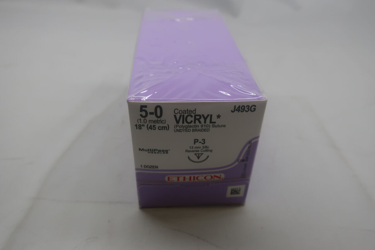 J493G - ETHICON - Coated Vicryl Absorbable Braided Polyglactin 910 Suture, Size 5-0, 18 in. Length, P-3 Needle, (BX/12) - ( Expiry Date: 2025-12-31 )