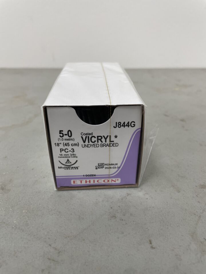 J844G - ETHICON - Coated Vicryl Absorbable Braided Polyglactin 910 Suture, Size 5-0, 18 in. Length, PC-3 Needle, (BX/12) - ( Expiry Date: 2026-03-31 )