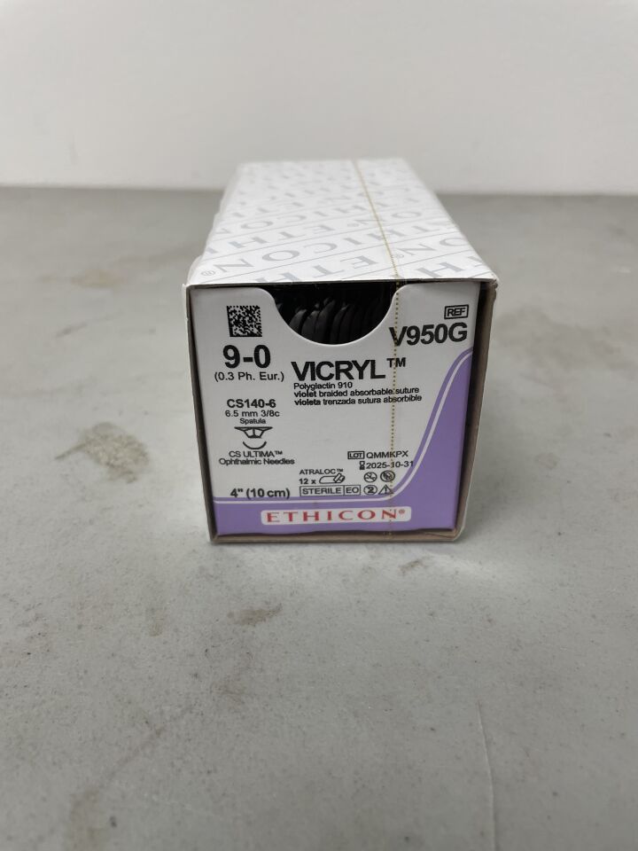 V950G - ETHICON - VICRYL Suture, Ultima Reverse, Absorbable, Double Armed CS140-6, 6.5mm 3/8 Circle, Violet Braided, 4" = 10cm, Size: 9-0, (BX/12) - ( Expiry Date: 2025-10-31 )
