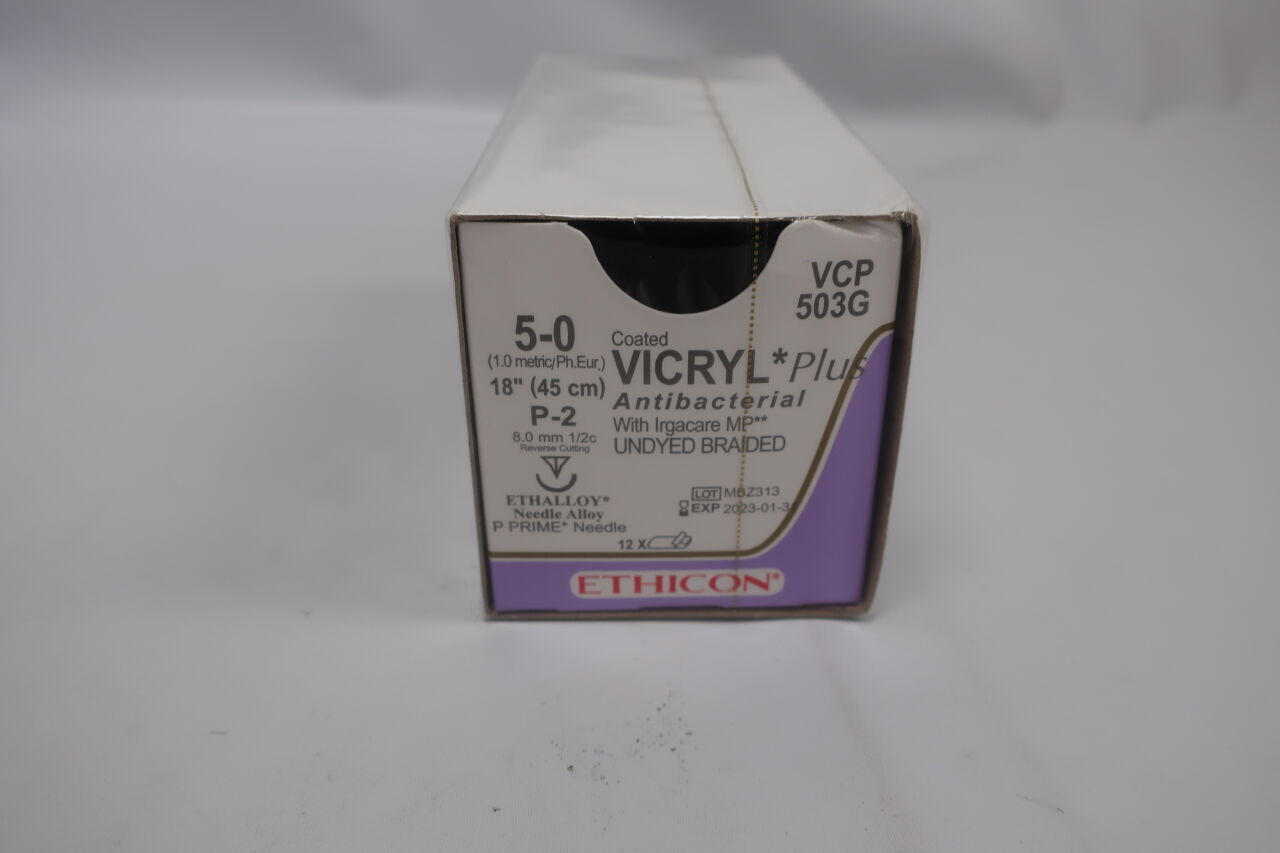 VCP503G - ETHICON - Coated Vicryl Plus Absorbable Braided Polyglact 910 Suture, Size 5-0, 18 in. Length, P-2 Needle, (BX/12) - ( Expiry Date: 2025-12-31 )